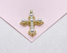 Load image into Gallery viewer, 18k Gold Filled Faux all around Pearl Style Cross Pendant