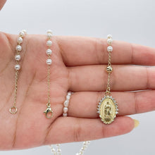 Load image into Gallery viewer, 18k Gold Filled White Simulated Pearl Beaded Rosary With Hearts and Small Lady of Grace Medal
