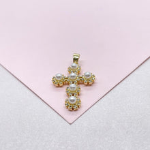Load image into Gallery viewer, 18k Gold Filled Beaded Pearl Cross Pendant Crowned with Pave CZ