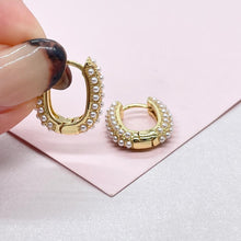 Load image into Gallery viewer, 18k Gold Filled Pearl Beaded Oval Hoop Earrings