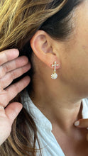 Load image into Gallery viewer, 18k Gold Filled Small Pearl Cross Stud and Dangling Sphere
