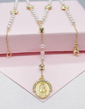 Load image into Gallery viewer, 18k Gold Filled White Simulated Pearl Beaded Rosary With Hearts and Small Lady of Grace Medal
