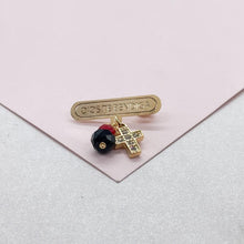 Load image into Gallery viewer, 18k Gold Filled "Dios Te Bendiga" Brooch: Simulated Azabache Stone & CZ Cross