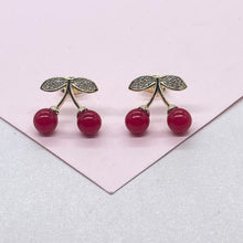 Load image into Gallery viewer, 18k Gold Filled Classic Red Cherry Stud Earring with CZ Stems