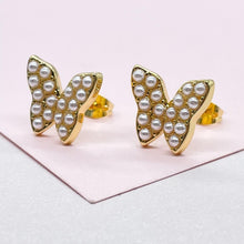 Load image into Gallery viewer, 18k Gold Filled Pearl Beaded Butterfly Stud Earrings