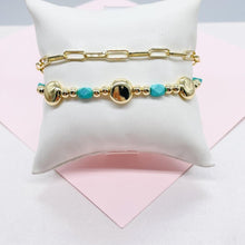 Load image into Gallery viewer, 18k Gold Filled Double Bracelet with Paper Clip Link and Beaded Turquoise Stones