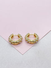Load image into Gallery viewer, 18k Gold Filled Chunky Huggie with Pearl and CZ Stones