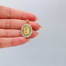 Load image into Gallery viewer, 18k Gold Filled Engraved Virgin of Mary Medallion with Baguette and Round CZ