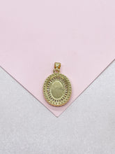 Load image into Gallery viewer, 18k Gold Filled Engraved Virgin of Mary Medallion with Baguette and Round CZ