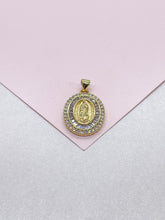 Load image into Gallery viewer, 18k Gold Filled Engraved Virgin of Mary Medallion with Baguette and Round CZ
