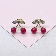 Load image into Gallery viewer, 18k Gold Filled Classic Red Cherry Stud Earring with CZ Stems