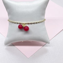 Load image into Gallery viewer, 18k Gold Filled Classic Red Cherry Bracelet with Rice Bead Link