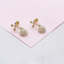 Load image into Gallery viewer, 18k Gold Filled Small Pearl Cross Stud and Dangling Sphere