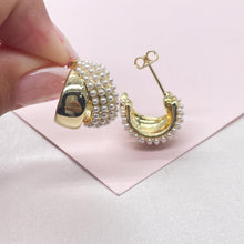 Load image into Gallery viewer, 18k Gold Filled Chunky Puffy C-Hoops with Baby Pearls Engraved