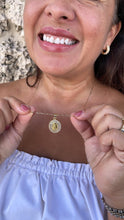 Load image into Gallery viewer, 18k Gold Filled Engraved Virgin of Mary Medallion with Baguette and Round CZ