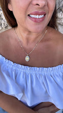 Load image into Gallery viewer, 18k Gold Filled Engraved Virgin of Mary Medallion with Baguette and Round CZ