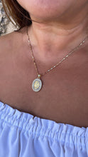 Load image into Gallery viewer, 18k Gold Filled Engraved Virgin of Mary Medallion with Baguette and Round CZ