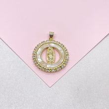 Load image into Gallery viewer, 18k Gold Filled Mother of Pearl Medallion with Virgin Mary Engraving, Crowned with CZ