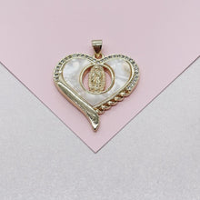 Load image into Gallery viewer, 18k Gold Filled Heart Pendant with Mother Of Pearl Stone & Engraving of Virgin Mary Topped with CZ