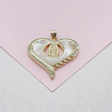 Load image into Gallery viewer, 18k Gold Filled Heart Pendant with Mother Of Pearl Stone & Engraving of Virgin Mary Topped with CZ