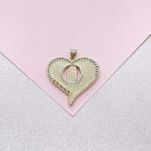 Load image into Gallery viewer, 18k Gold Filled Heart Pendant with Mother Of Pearl Stone & Engraving of Virgin Mary Topped with CZ