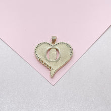 Load image into Gallery viewer, 18k Gold Filled Heart Pendant with Mother Of Pearl Stone & Engraving of Virgin Mary Topped with CZ