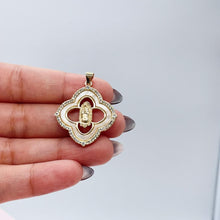Load image into Gallery viewer, 18k Gold Filled Mother of Pearl Clover Pendant with Virgin Mary Engraved Crowned with CZ