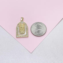 Load image into Gallery viewer, 18k Gold Filled Mother of Pearl Rectangle Medallion Engraved with Virgin Mary & CZ