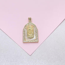 Load image into Gallery viewer, 18k Gold Filled Mother of Pearl Rectangle Medallion Engraved with Virgin Mary & CZ