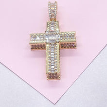 Load image into Gallery viewer, 18k Gold Filled XL Crucifix Covered in Baguette cut stones, Round CZ in Prong and Beveled Setting