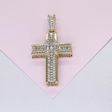 Load image into Gallery viewer, 18k Gold Filled XL Crucifix Covered in Baguette cut stones, Round CZ in Prong and Beveled Setting