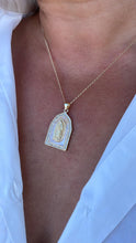 Load image into Gallery viewer, 18k Gold Filled Mother of Pearl Rectangle Medallion Engraved with Virgin Mary & CZ