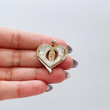 Load image into Gallery viewer, 18k Gold Filled Heart Pendant with Mother Of Pearl Stone & Engraving of Virgin Mary Topped with CZ