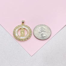 Load image into Gallery viewer, 18k Gold Filled Mother of Pearl Medallion with Virgin Mary Engraving, Crowned with CZ