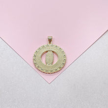 Load image into Gallery viewer, 18k Gold Filled Mother of Pearl Medallion with Virgin Mary Engraving, Crowned with CZ