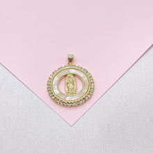 Load image into Gallery viewer, 18k Gold Filled Mother of Pearl Medallion with Virgin Mary Engraving, Crowned with CZ