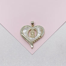 Load image into Gallery viewer, 18k Gold Filled Heart Pendant with Mother Of Pearl Stone & Engraving of Virgin Mary Topped with CZ
