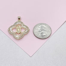 Load image into Gallery viewer, 18k Gold Filled Mother of Pearl Clover Pendant with Virgin Mary Engraved Crowned with CZ