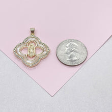 Load image into Gallery viewer, 18k Gold Filled Mother of Pearl Clover Pendant with Virgin Mary Engraved Crowned with CZ