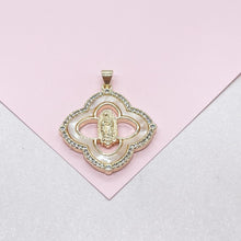 Load image into Gallery viewer, 18k Gold Filled Mother of Pearl Clover Pendant with Virgin Mary Engraved Crowned with CZ