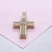 Load image into Gallery viewer, 18k Gold Filled XL Crucifix Covered in Baguette cut stones, Round CZ in Prong and Beveled Setting
