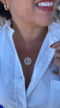 Load image into Gallery viewer, 18k Gold Filled Mother of Pearl Medallion with Virgin Mary Engraving, Crowned with CZ