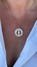 Load image into Gallery viewer, 18k Gold Filled Mother of Pearl Medallion with Virgin Mary Engraving, Crowned with CZ