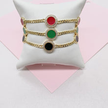 Load image into Gallery viewer, 18k Gold Filled Dainty 2mm Cuban Link Bracelet with 3 Colorful Disk Charm