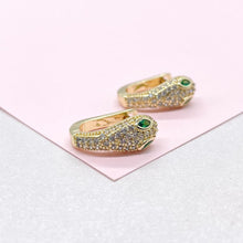 Load image into Gallery viewer, 18k Gold Filled CZ Snake Huggie with Green Emerald Color Eyes