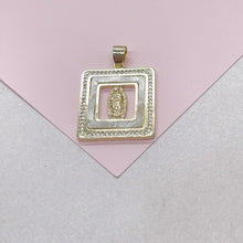 Load image into Gallery viewer, 18k Gold Filled Mother of Pearl Square See Through Medallion Engraved with Virgin Mary & CZ