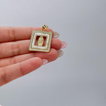 Load image into Gallery viewer, 18k Gold Filled Mother of Pearl Square See Through Medallion Engraved with Virgin Mary & CZ