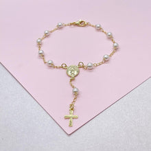 Load image into Gallery viewer, 18k Gold Filled Pearl Rosary Bracelet: Virgin Mary Crucifix Charm
