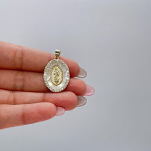 Load image into Gallery viewer, 18k Gold Filled Mother of Pearl Oval Medallion Engraved with Virgin Mary & CZ
