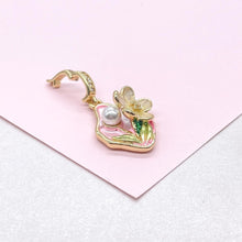 Load image into Gallery viewer, 18k Gold Colorful Oval Enamel Heart Charm with 3D Flower and Faux Pearl Details
